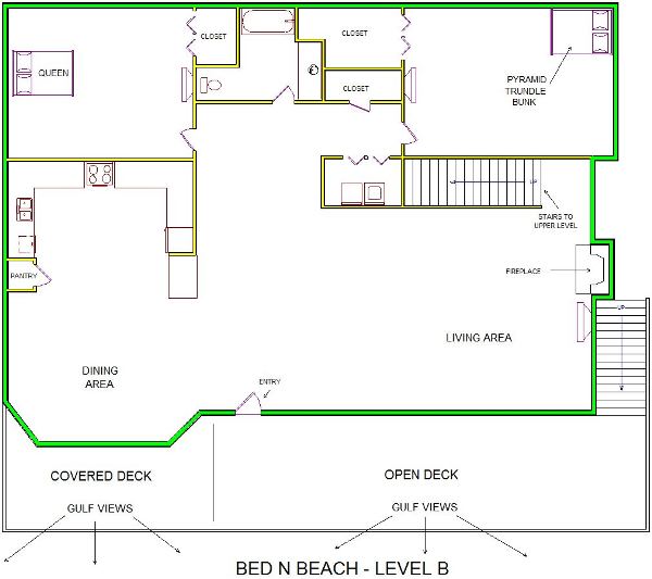 A level B layout view of Sand 'N Sea's beachfront house vacation rental in Galveston named Bed N Beach